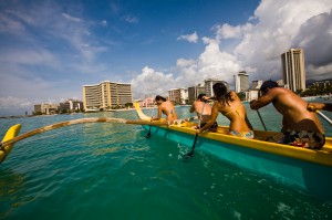 Oahu, Hawaii - Paddling a canoe off Waikiki beach