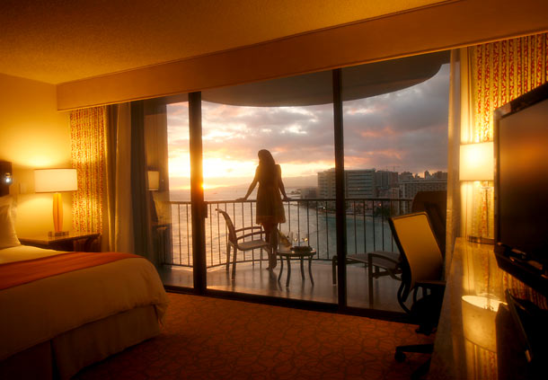 Hawaiian Islands of Oahu - Marriott Waikiki Guestroom - Sunset